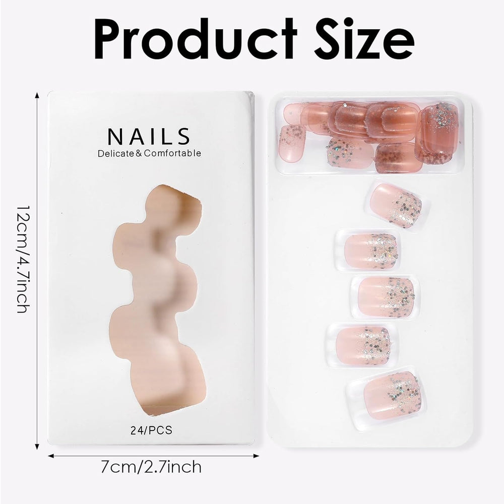 48 pièces colle courte sur les ongles 2 Styles ongles français courts carrés avec colle à ongles et lime à ongles rose blanc Ombre faux ongles pour les femmes