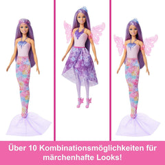 Barbie 3-in-1 Fantasie Puppe, Spielset mit 8 Accessoires inklusive Meerjungfrauen-Schwanzflosse, Feenflügen, königlichen Ketten, Schuhen un vielem mehr für über 10 Verschiedene Looks, JCP74