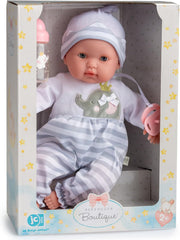 JC Toys- Muñeca Berenguer Boutique de Cuerpo blando de 38 cm, sus ojos se abren y cierran, incluye ropa y accesorios, gris, diseñado por Berenguer, +2 años