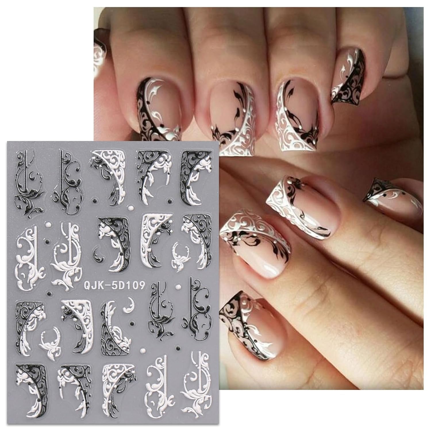 JMEOWIO Autocollants pour ongles 3D Noir Blanc Fleurs Nail Art Autocollants Autocollants pour ongles 5D Stéréoscopiques Fleurs Décoration Nageldesign Zubehör 4 Blatt