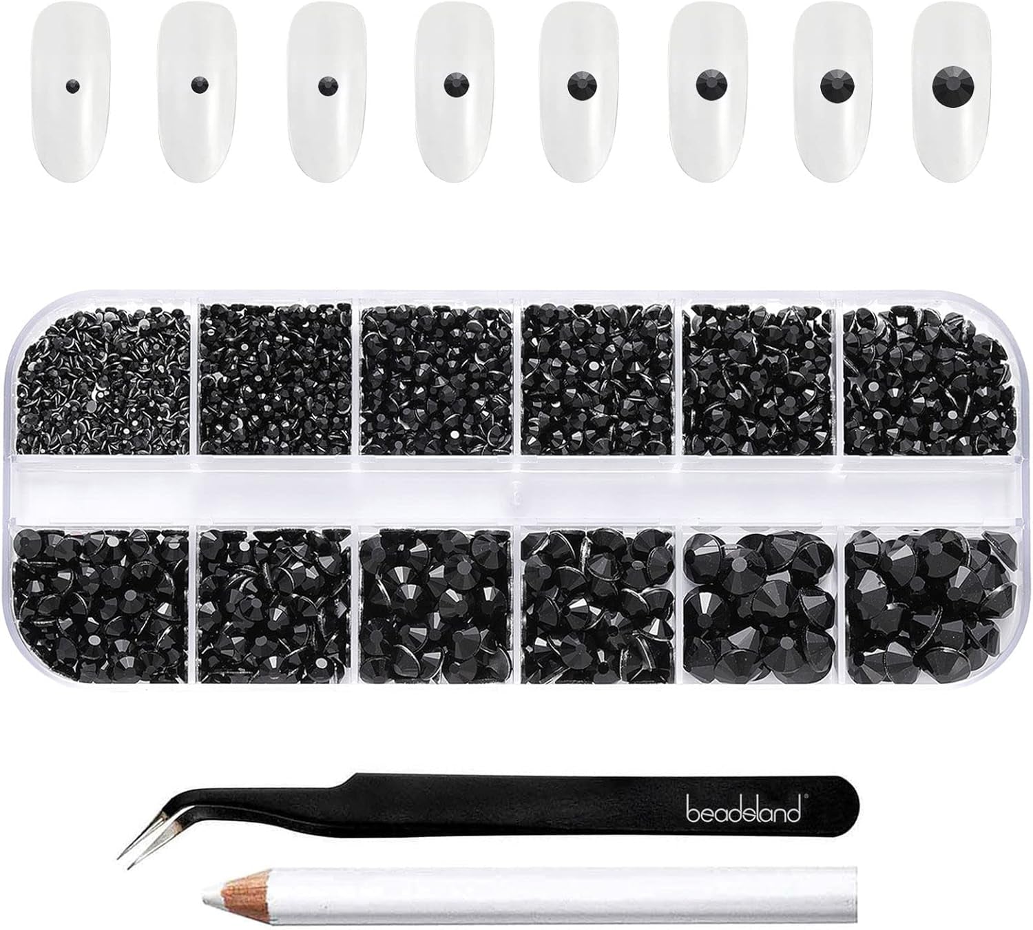 Beadland 2500Pcs Verre Nailart Strasssteine ​​​​Kristall Flatback Edelsteine ​​​​Runde, ​​​​pour Handwerk Gemischt 8 Größen SS4 ~ SS30 Mit Picking Pinzette Und Stift (Kristall Weiss)