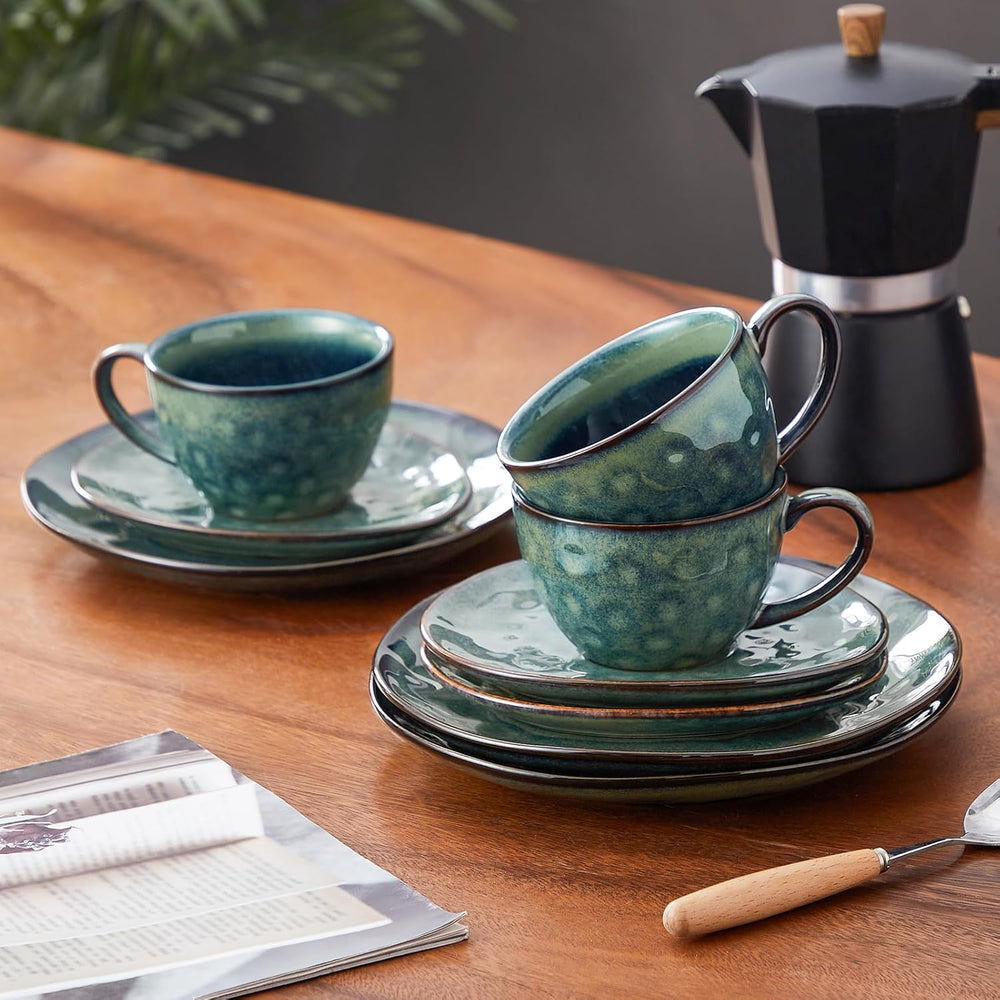 Service à café en grès Vancasso STARRY, service à café 12 pièces pour 4 personnes, comprenant des tasses à café et des soucoupes, look vintage