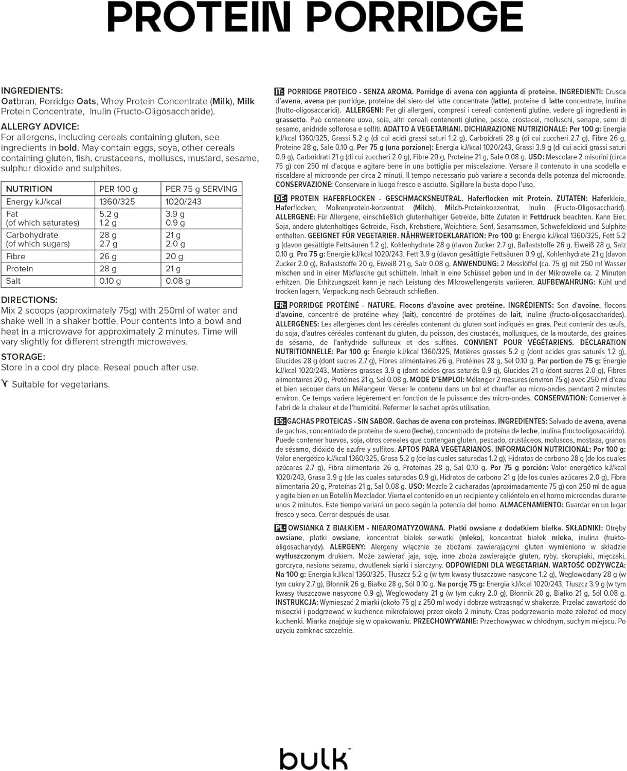 Gruau protéiné complet, en vrac, flocons d'avoine riches en protéines, lactosérum, riche en fibres, bouillie protéinée, sans saveur, 1 kg