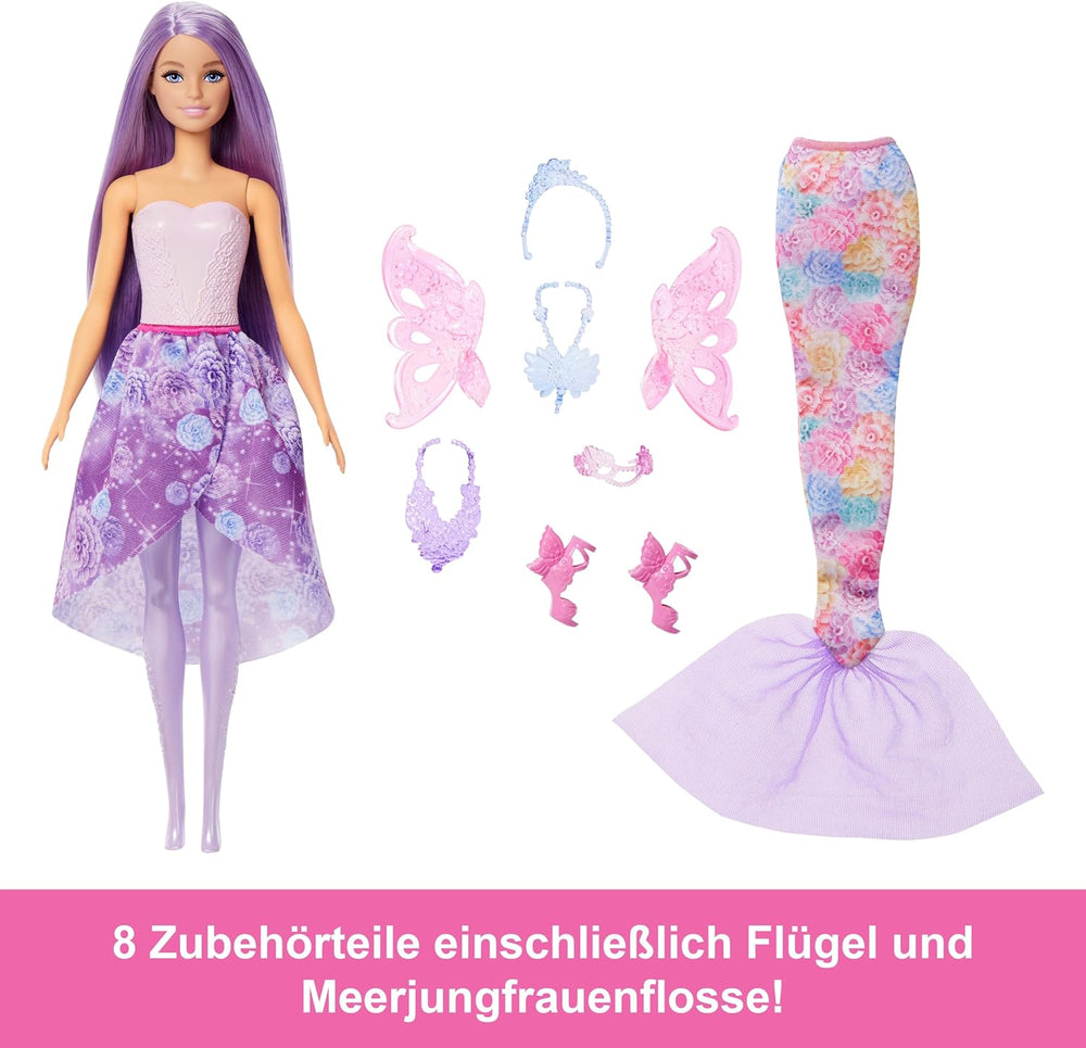 Poupée Barbie 3 en 1 avec 8 accessoires, dont une queue de sirène, des ailes de fée, des colliers royaux, des chaussures et plus encore pour plus de 10 looks différents, JCP74