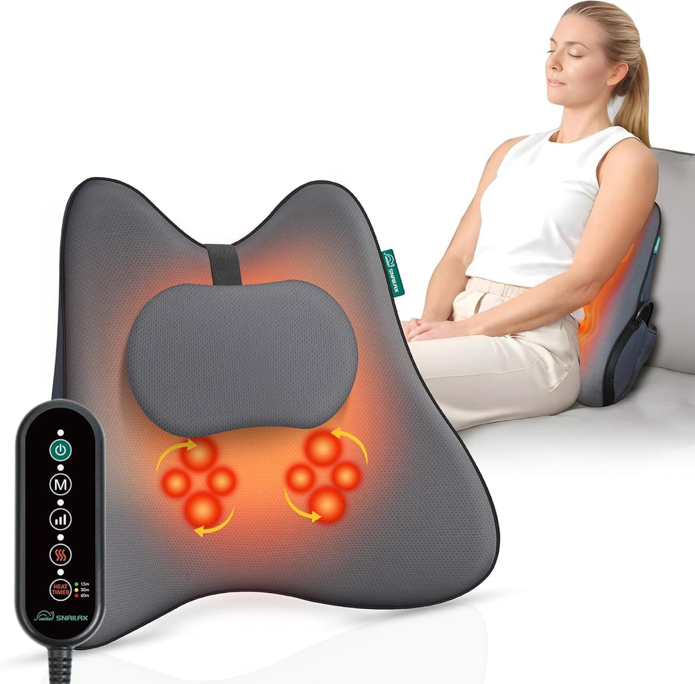 Snailax Oreiller de soutien lombaire ergonomique avec massage et chaleur, oreiller de dos Shiatsu en mousse à mémoire de forme, coussin de siège avec 3 intensités de massage | 2 niveaux de chaleur | 3 minuteries | position assise confortable