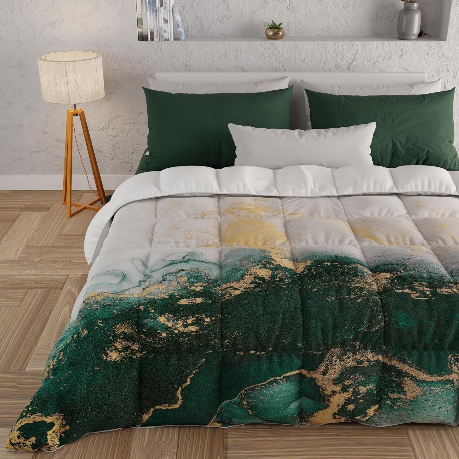 PETTI Artigiani Italiani - Couette d'hiver, Couette d'hiver, Couette simple, Double face, Impression monochrome et numérique, microfibre 100% hypoallergénique, Made in Italy Couettes et couettes Naty Shop Marbre émeraude Lit simple