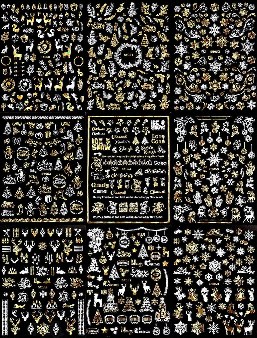 9 Blatt Nagelsticker Weihnachten Nagelaufkleber Selbstklebend Weiß Rentier Schneemann Nail Art Sticker Dekoration Nageldesign Zubehör