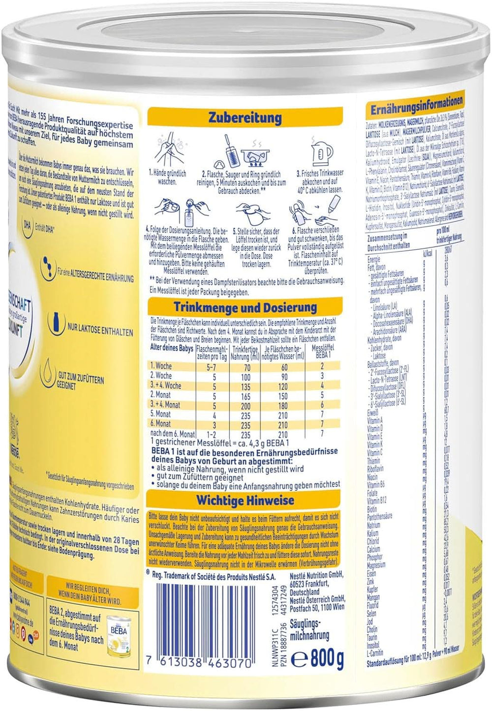 BÉBÉ 1 lait initial dès la naissance, uniquement lactose, sans huile de palme, paquet 3 (3 x 800 g) Mère et Enfant Naty Shop