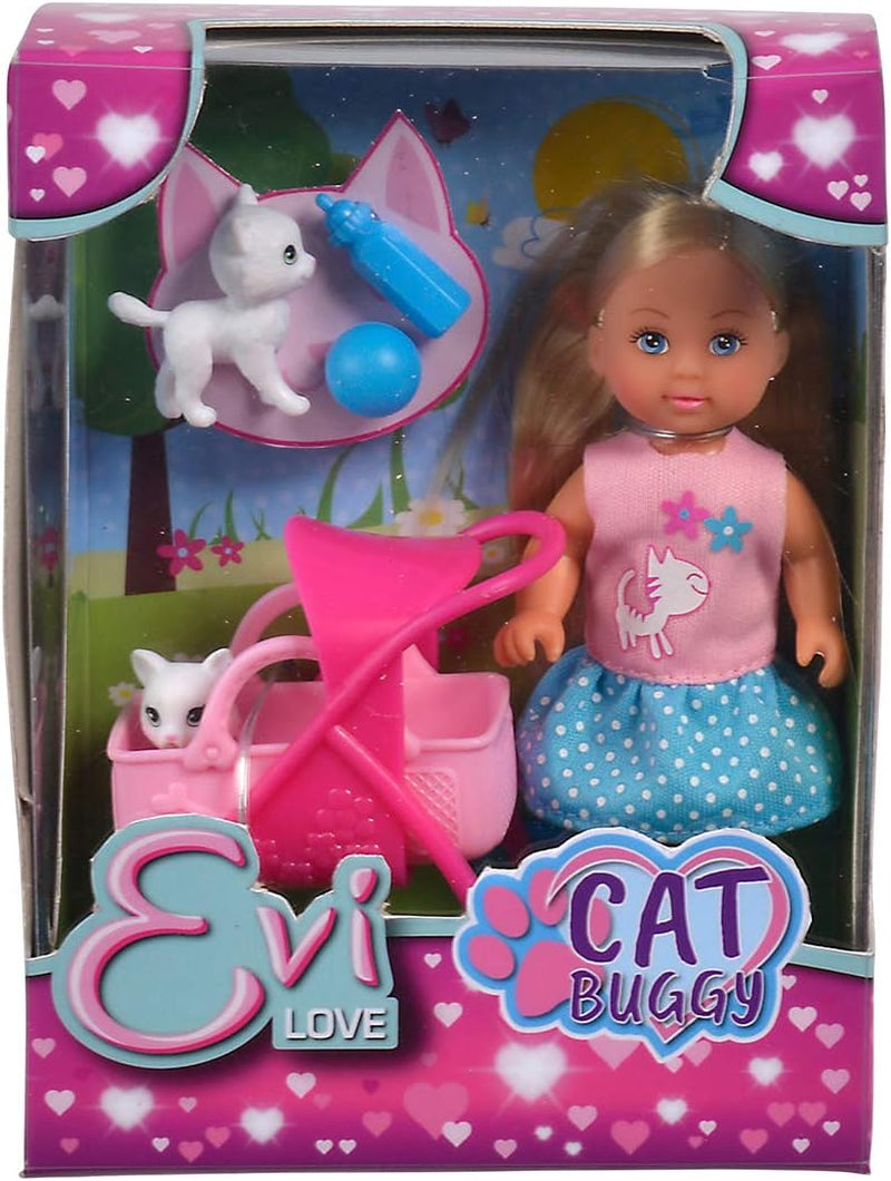 Simba 105733348 - Poussette Evi Love Cat, avec deux chats dans la poussette, sac amovible, accessoires, poupée à habiller, 12 cm, pour enfants à partir de 3 ans