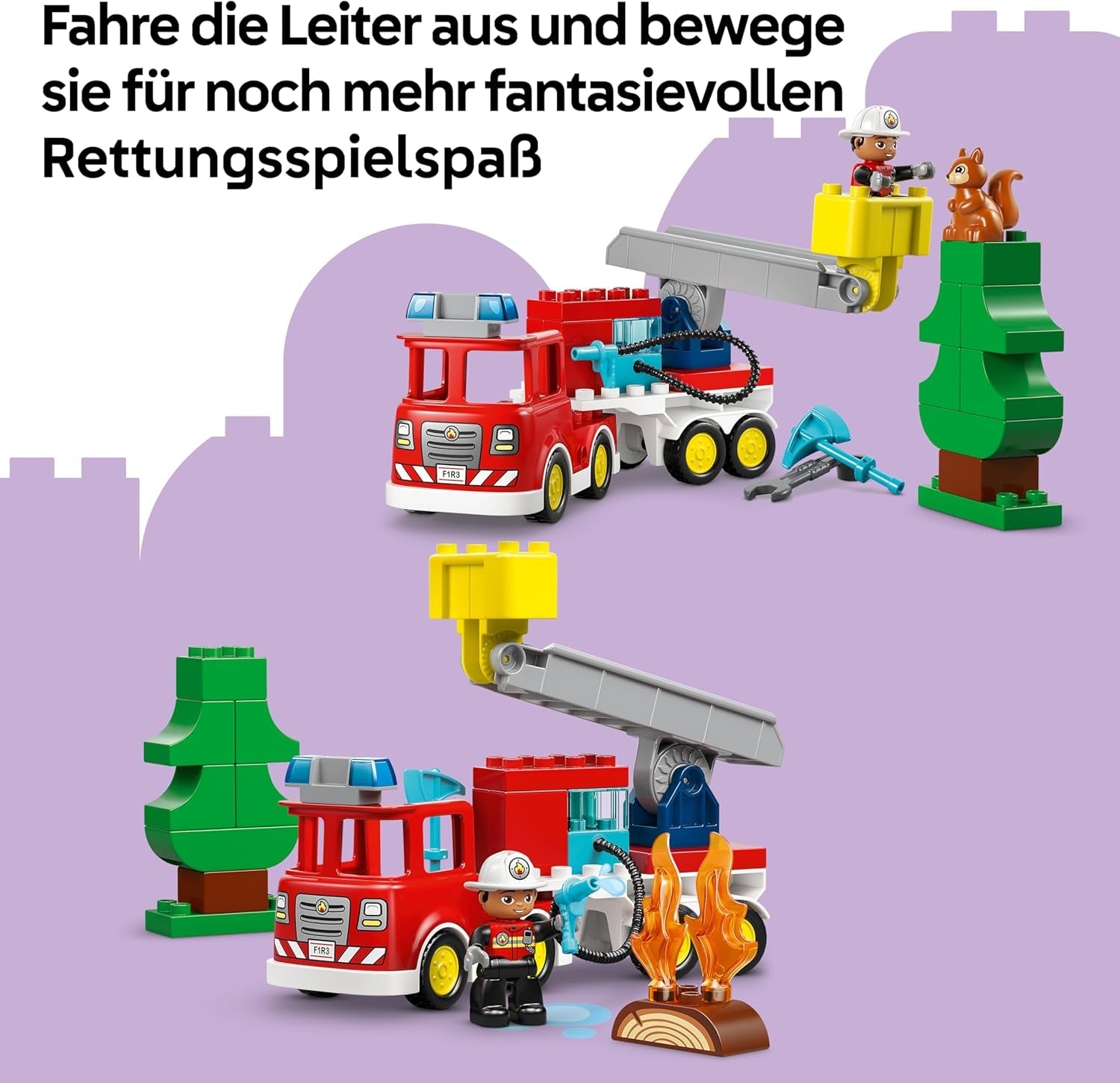 LEGO DUPLO Town Löschauto mit Schlauch und Feuerwehrmann- Lernspielzeug für Motorik - Rotes Feuerwehrauto mit Leiter, Figur und Eichhörnchen - Geschenk für Jungen und Mädchen ab 2 Jahren - 10473