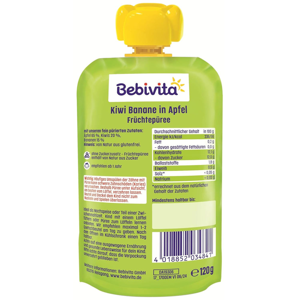 Bananes kiwi au quetschie aux pommes (6 x 120g), sans sucre ajouté, sans gluten, idéal pour les repas et les collations individuelles