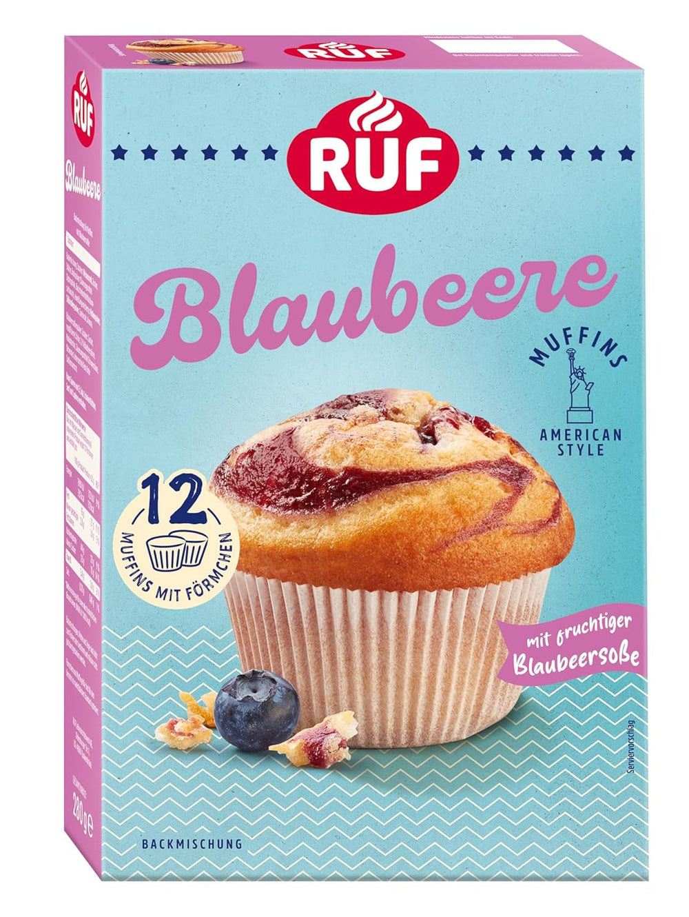 RUF Cheesecake-Muffins Backmischung, American Style Muffins Mit Cremiger Füllung, Einfache Zubereitung, 12 Muffin-Förmchen Inklusive Naty Shop Blaubere 280 G (1Er Pack)