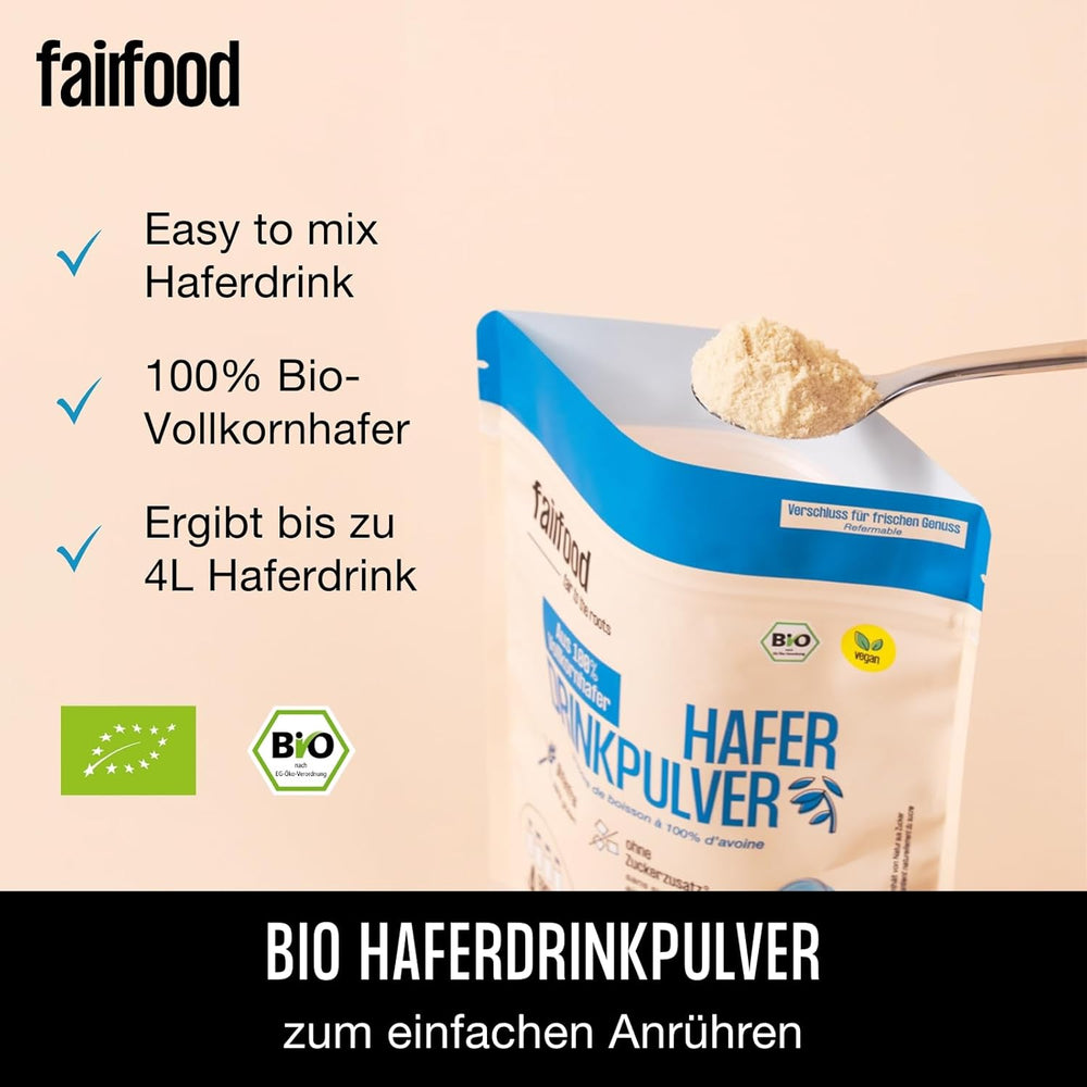 fairfood Bio Haferdrink Pulver 360g - nachhaltige Milchalternative - végétalien, sans gluten et sans huile - jusqu'à 4L Haferdrink - zum Selbermischen - 100% Bio-Vollkornhafer