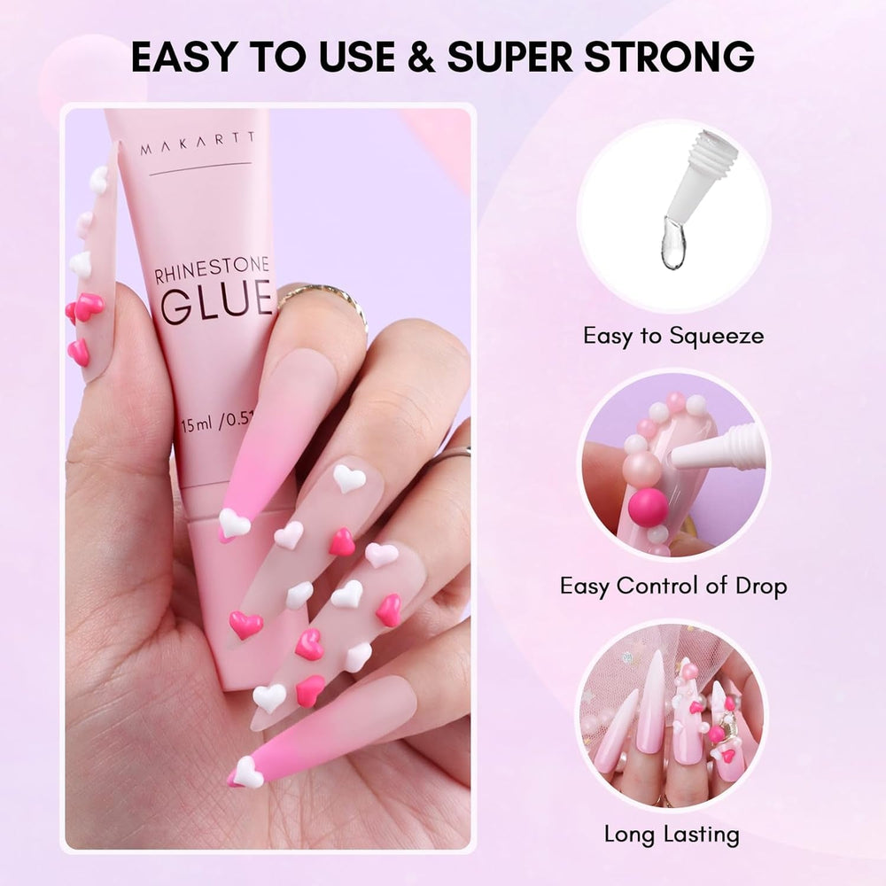 Makartt Gel adhésif pour strass – 15 ml de colle UV pour ongles avec breloques roses en forme de cœur, bijoux et accessoires de design d'ongles pour manucure à domicile, cadeau de Saint-Valentin