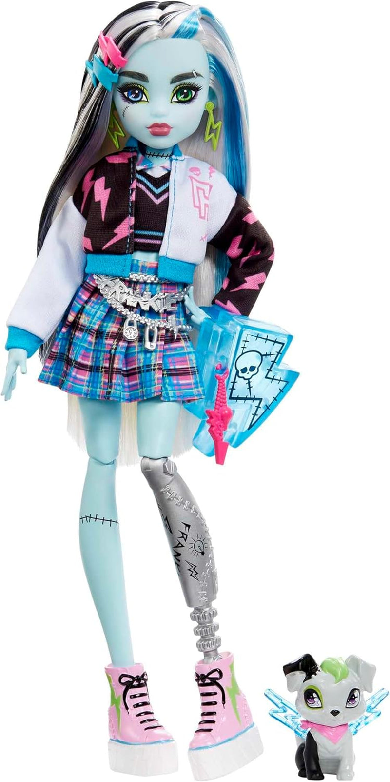 Monster High Frankie Stein-Puppe in Jeansjacke und Shorts, zum Lieferumfang gehören auch Ihr Hund Watzie und Zubehörteile wie EIN Rucksack, EIN Snack und EIN Notizbuch, HXH73