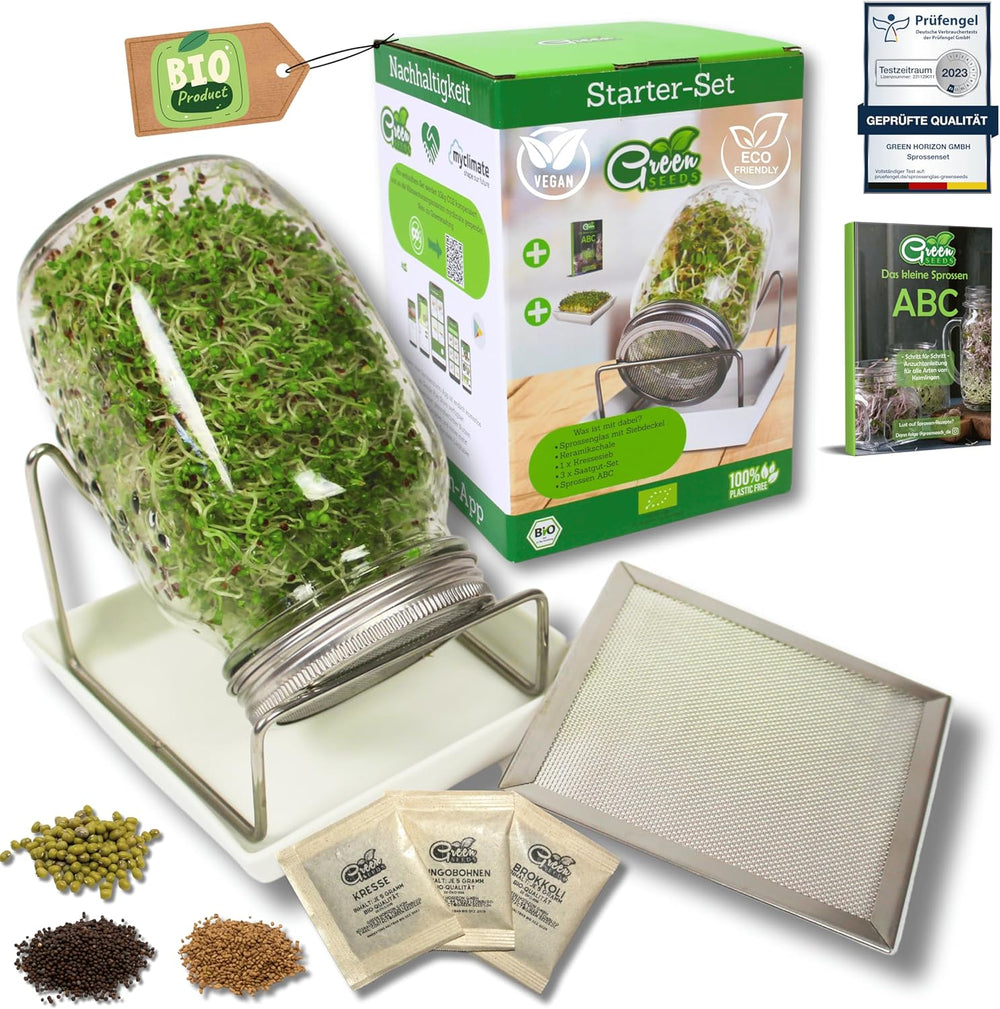 [Coffret de démarrage original avec pot à germer + passoire à cresson | 1000 ml avec support en maille d'acier inoxydable de haute qualité, plateau en céramique + ABC pour la germination [version imprimable] plateau de semis avec pot de germination