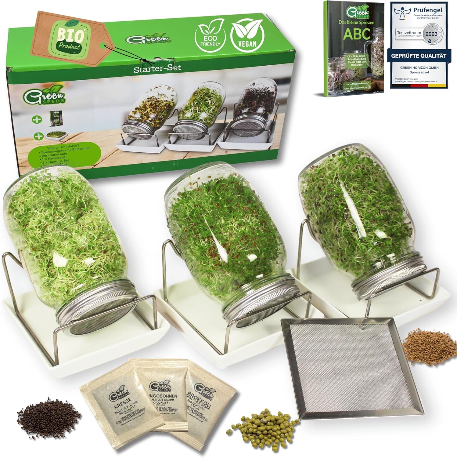 [Coffret de démarrage original avec pot à germer + passoire à cresson | 1000 ml avec support en maille d'acier inoxydable de haute qualité, plateau en céramique + ABC pour la germination [version imprimable] plateau de semis avec pot de germination