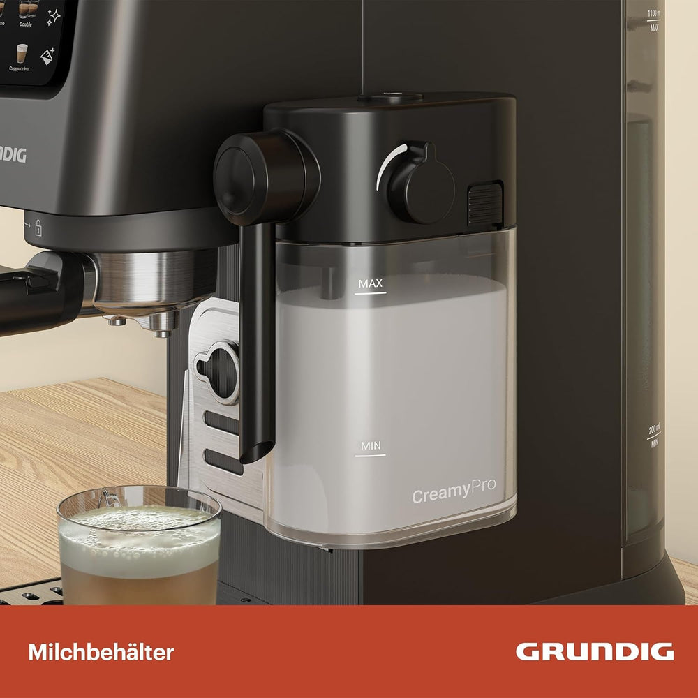 Espressor portafilter GRUNDIG KSM 5330 cu recipient de lapte integrat, putere 1628 W, presiune pompă 15 bar, duză dublă, afișaj tactil color, BrewSense, CreamyPro, Inox închis/Negru
