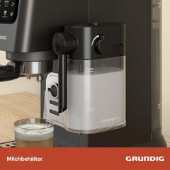 Espressor portafilter GRUNDIG KSM 5330 cu recipient de lapte integrat, putere 1628 W, presiune pompă 15 bar, duză dublă, afișaj tactil color, BrewSense, CreamyPro, Inox închis/Negru