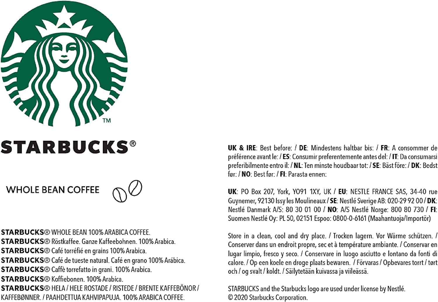 STARBUCKS Blonde Espresso Roast, torréfaction légère, grains de café entiers 200G (paquet de 6) Naty Shop Coffee