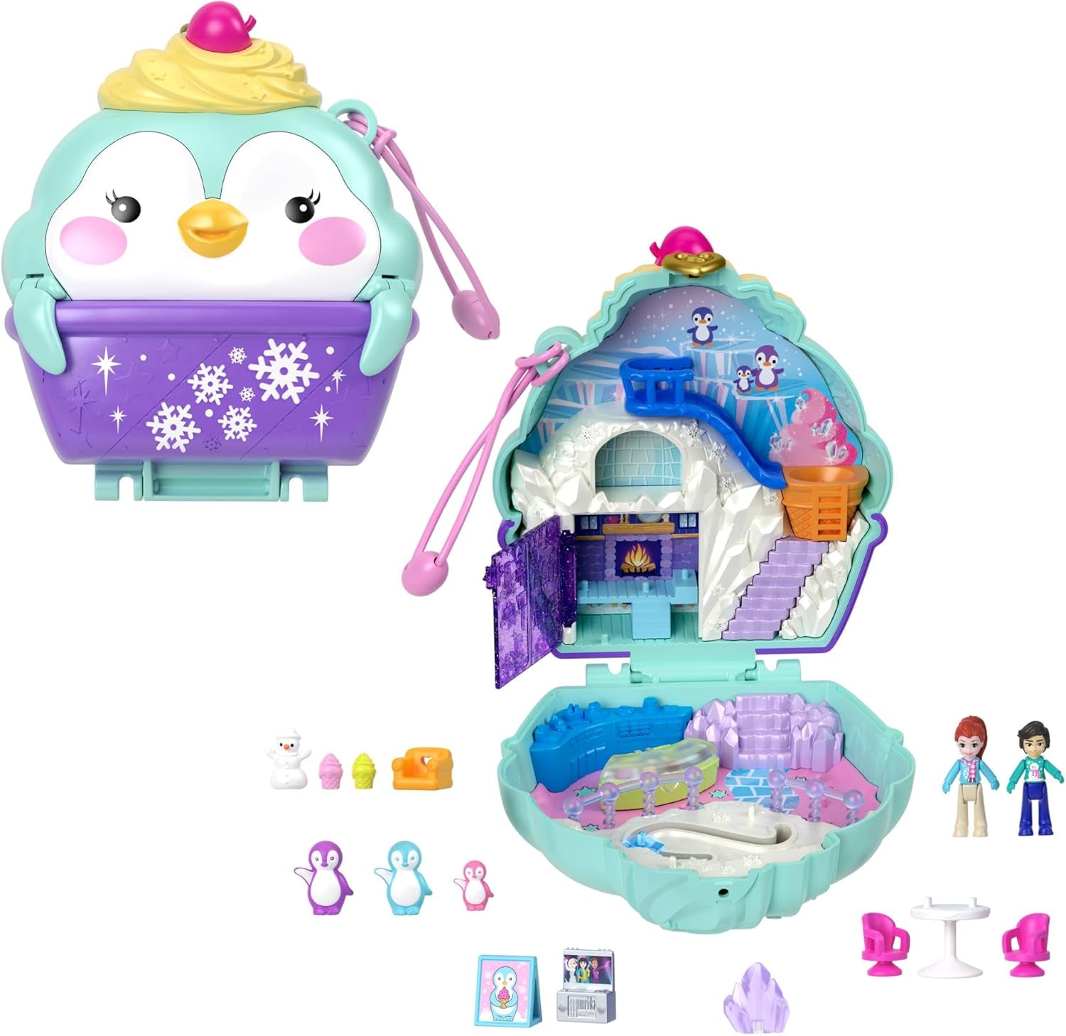 Polly Pocket păpuși și set de joacă, Bubble Tea Panda Box, jucărie pentru animale cu 2 păpuși mici, Panda și accesorii pentru mâncare, HWN95 Papusi Naty Shop Pinguin