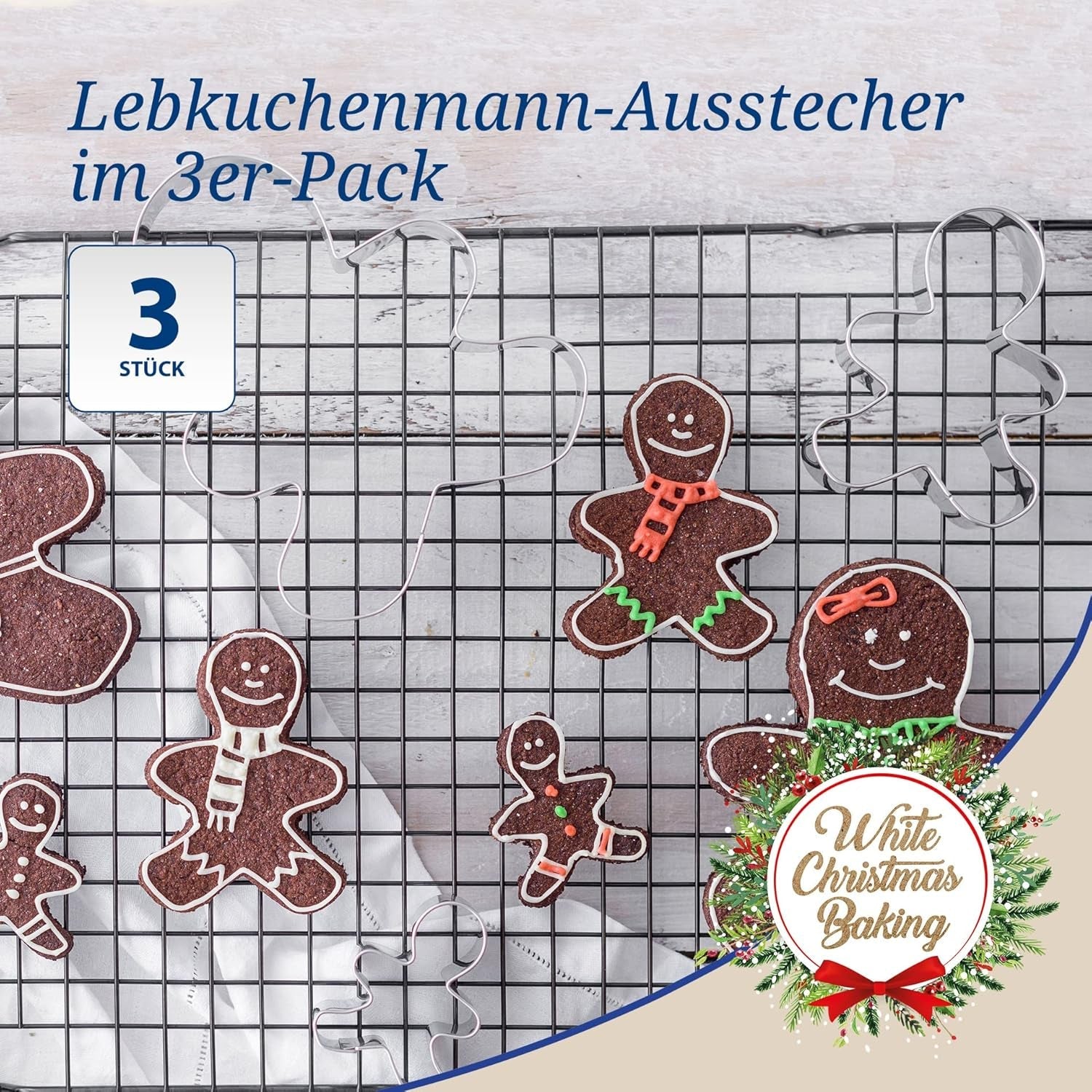 Set de 3 forme de biscuiți Dr. Oetker cu omuleț de turtă dulce – Forme de biscuiți White Christmas Baking – Forme de biscuiți din oțel inoxidabil pentru Crăciun
