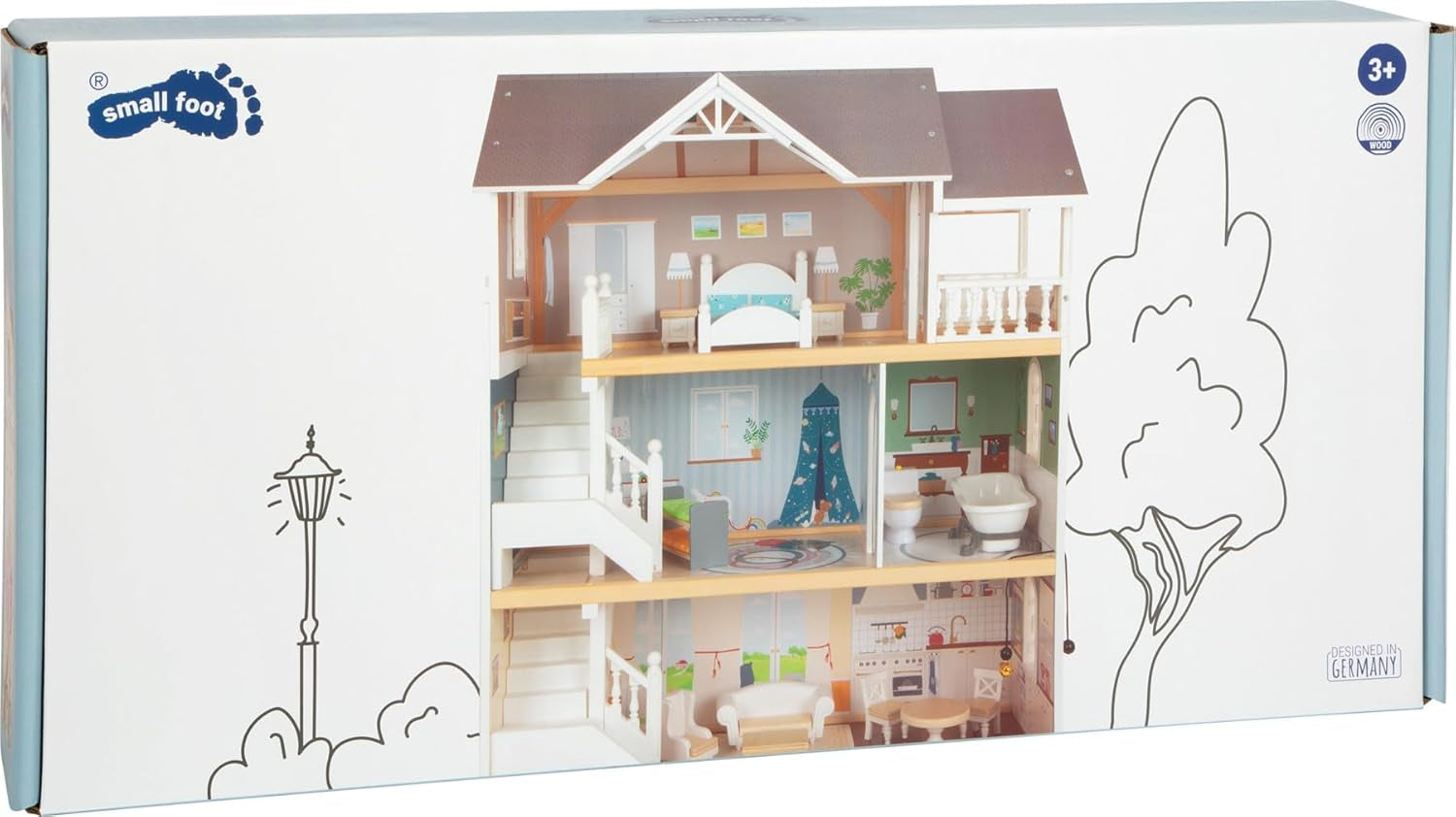 Small Foot Maison de poupée Maison de ville en bois à 3 étages avec façade ouverte et 12 meubles pour 3 ans et plus 11802 Maisons de poupée gris blanc Naty Shop