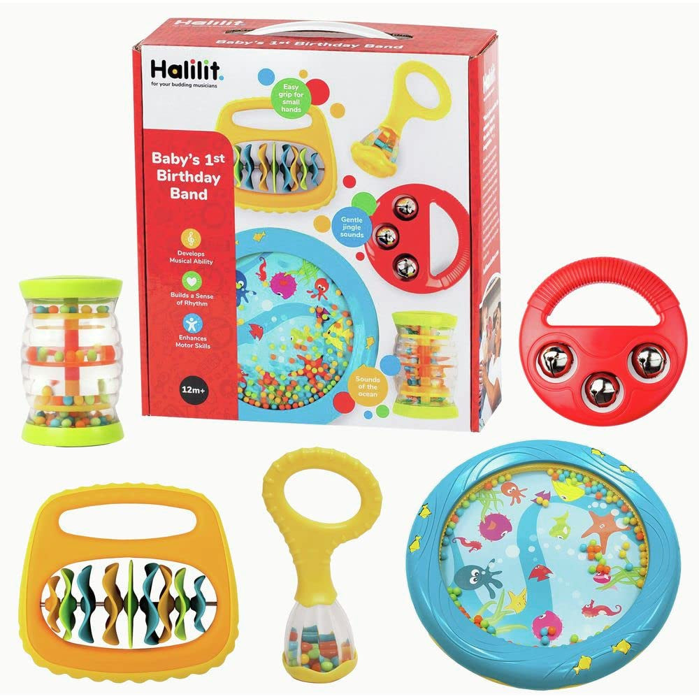 Set cadou instrumente muzicale pentru prima aniversare a bebelușului. Include Ocean Drum, Baby Maraca, Ring My Bell, Rainboshaker & Clip Clap. Jucărie muzicală senzorială pentru bebeluși. Potrivit pentru băieți și fete 12 luni + Jucarii Bebe Naty Shop