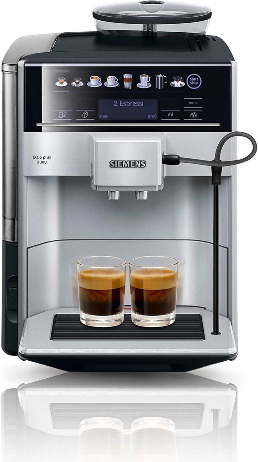 Machine à expresso automatique Siemens EQ.6 plus s300 TE653501DE, pour de nombreuses spécialités de café, mousseur à lait, moulin en céramique, double fonction café, anticalcaire, nettoyage vapeur automatique, 1500 W, argent