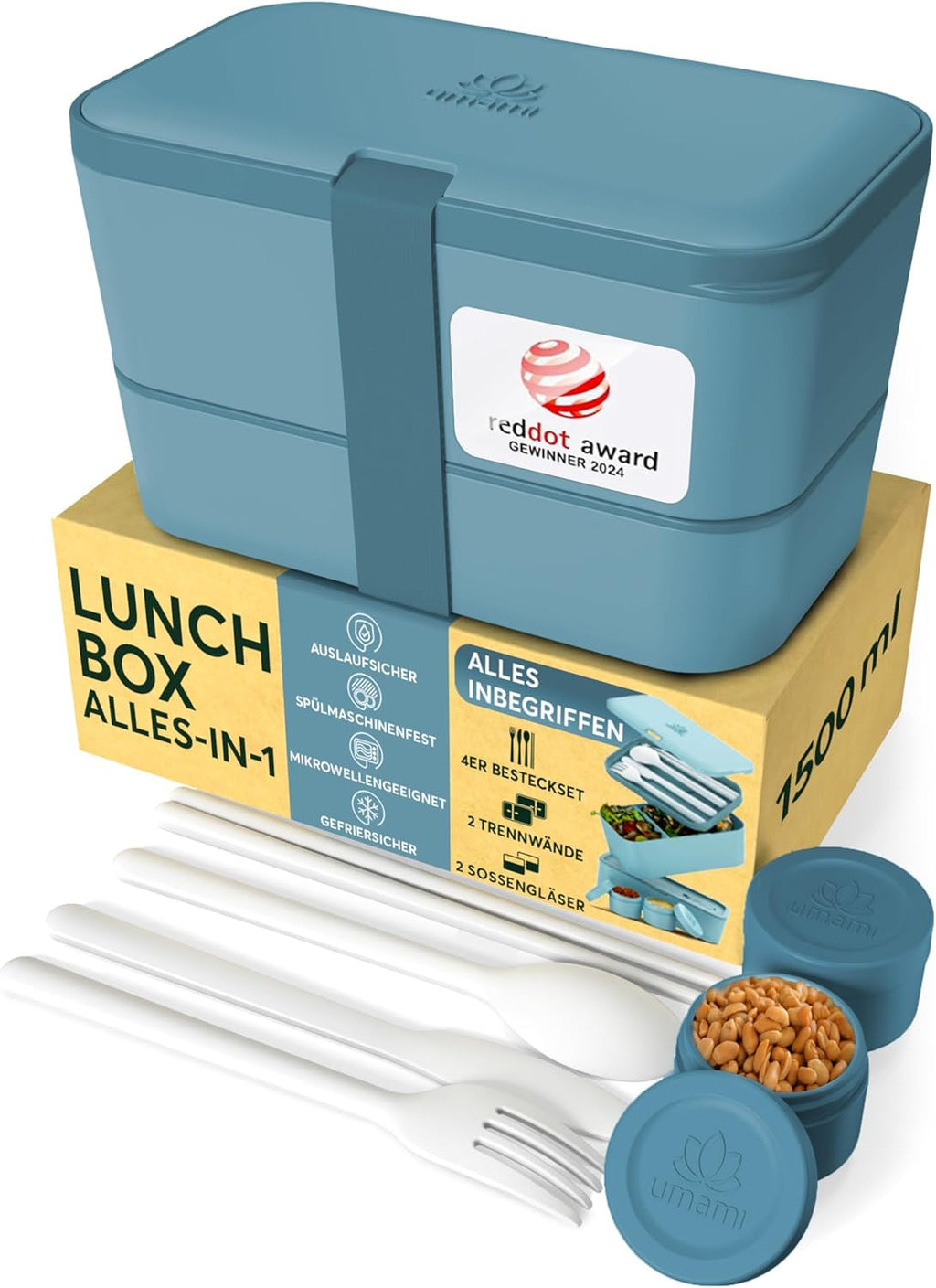 Cutie de prânz Umami pentru adulți, cutie bento stivuibilă etanșă cu 4 tacâmuri și compartimente, cutie de prânz pentru adulți, recipient pentru salată to-go, cutie de prânz pentru picnic / birou, gri cărbune, 1500 ml