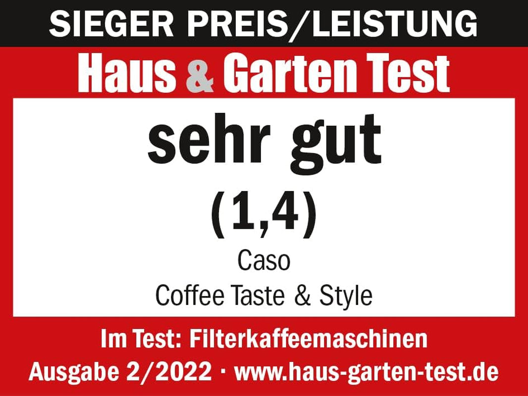 Machine à expresso CASO Coffee Taste and Style avec filtre permanent, 1,5 l, température d'infusion optimale 92-96 °C, système anti-goutte, tête d'infusion optimisée, acier inoxydable, 12 tasses