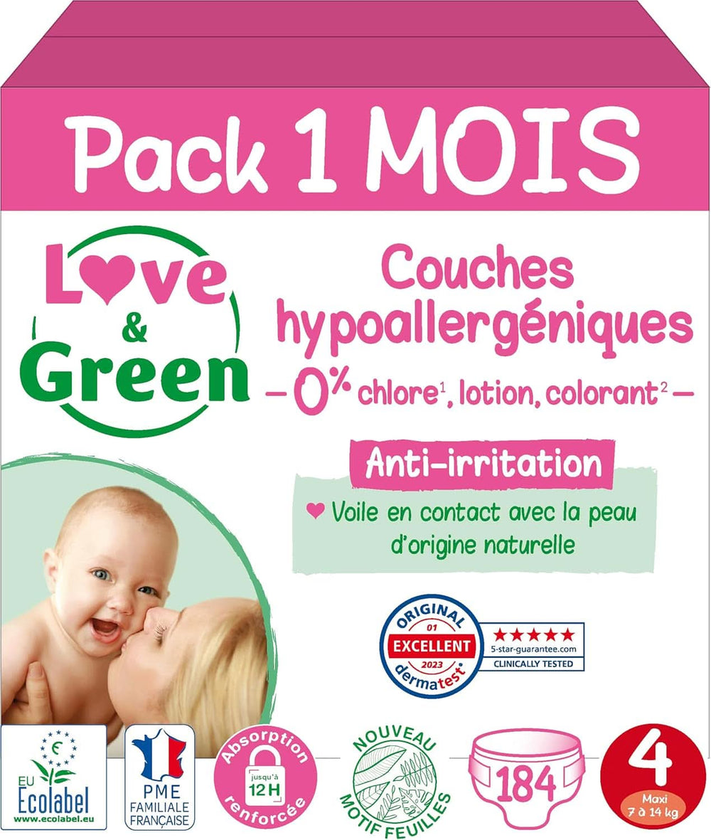 Love & Green, couches sans chlore, paquet pour 1 mois, taille 4 Mère et Enfant Naty Shop