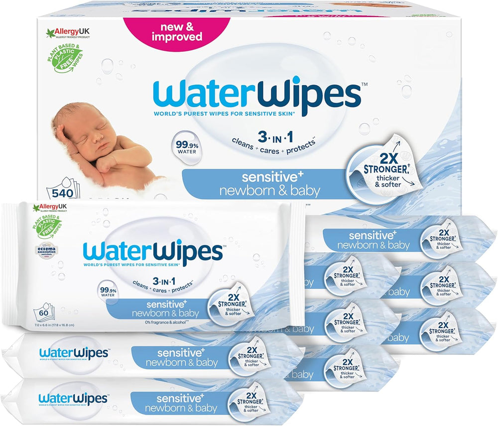 WaterWipes Sensitive+ Lingettes humides pour nouveau-nés et bébés, 360 pièces (paquet de 6), nettoyage 3 en 1, entretien, protection, 99,9 % d'eau, sans parfum