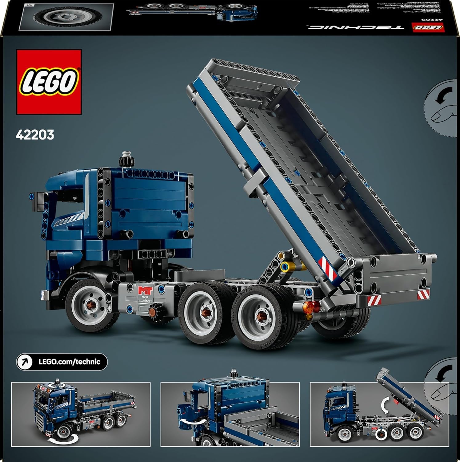LEGO Technic Kipplaster Spielzeug mit Lenkung und beweglicher Kippmulde - blaues Baufahrzeug - Geschenkidee zum Geburtstag oder für die Feiertage - Bauset für Jungen und Mädchen ab 9 Jahren 42203