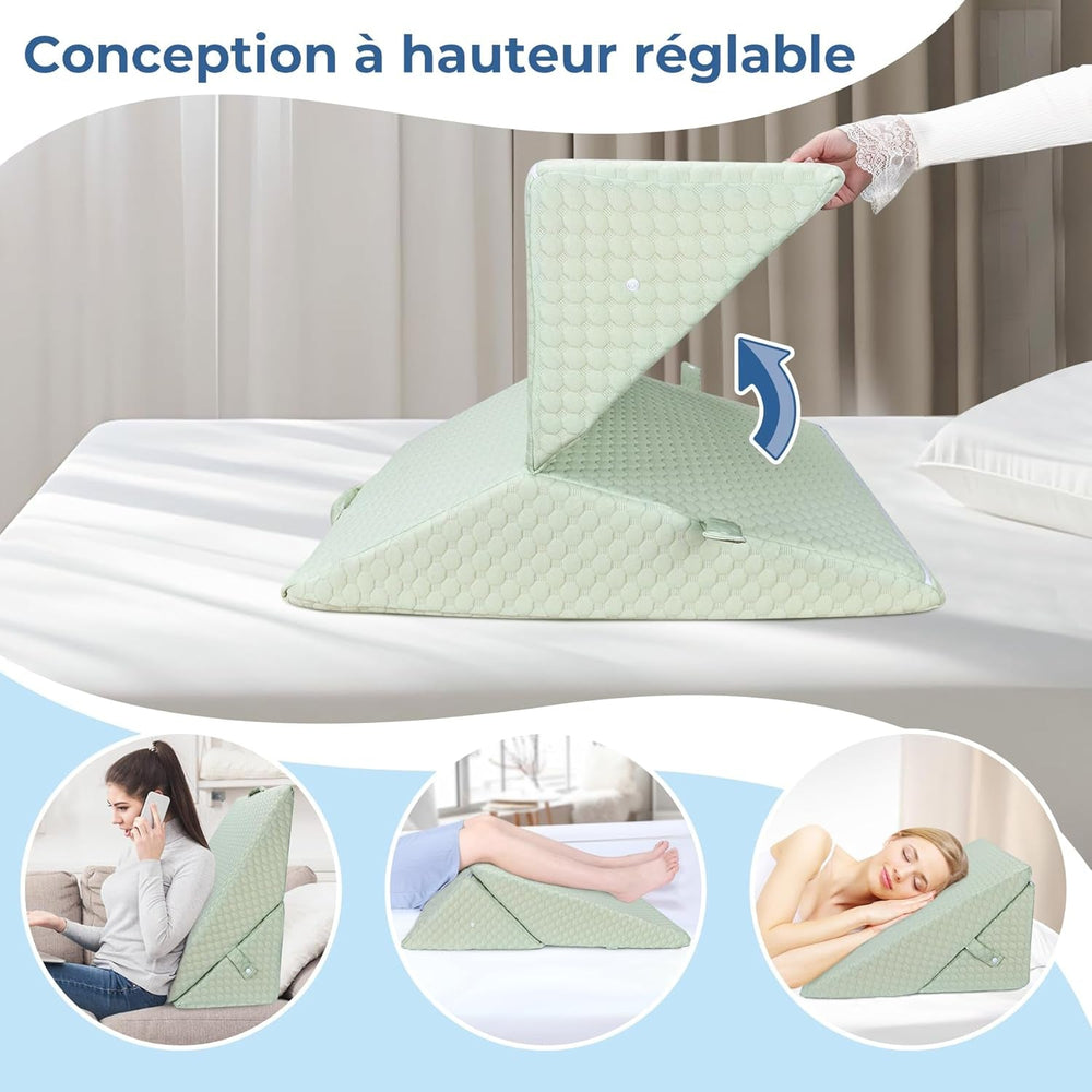 Pernă cu pană INFANZIA pentru pat, pernă de colț, pernă triunghiulară, pliabilă, fabricată din spumă cu memorie, pentru apnee în somn, reflux acid, ridicarea picioarelor, citit, verde