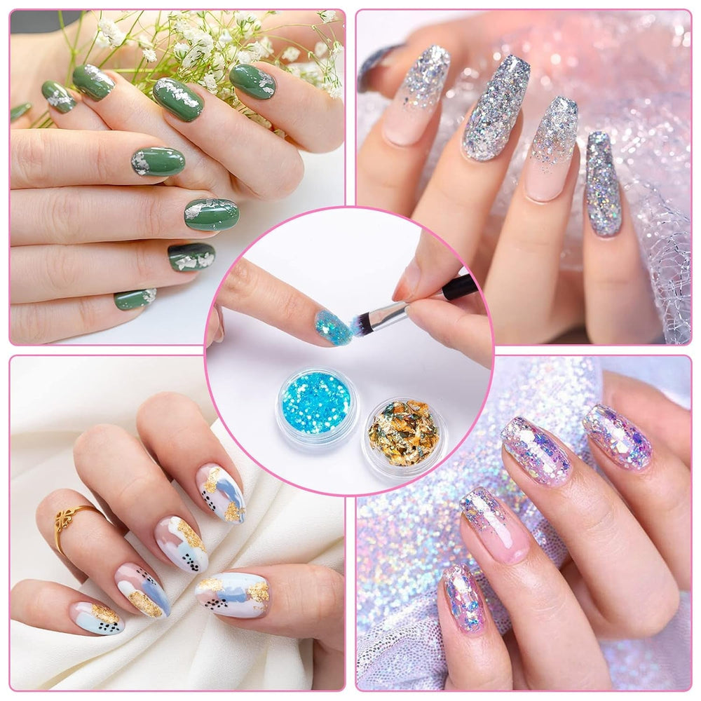 24 couleurs Glitzer Set avec Blattgold et Glitzerpulver, Nageldesign Zubehör Pailletten Basteln Nail Art Glitter Mit Pinsel pour Nägel Gesicht Körper DIY Nagelkunst Make Up