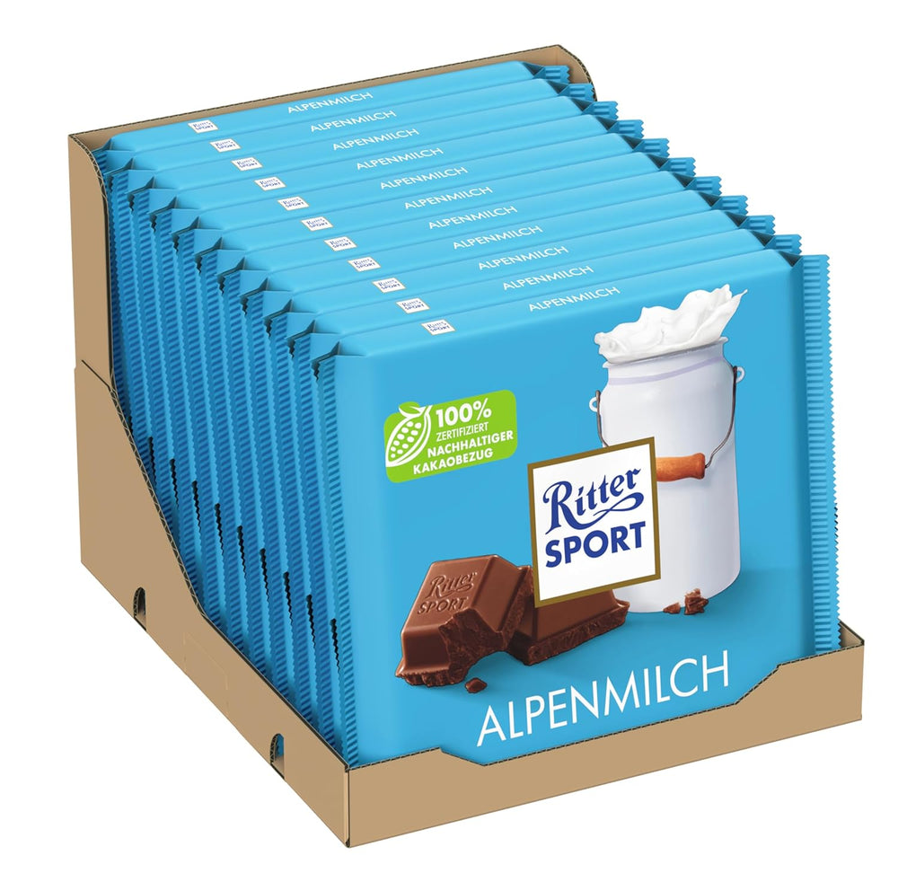 Ritter Sport 250g Chocolat au lait alpin, Le meilleur chocolat au lait entier au goût crémeux, Chocolat classique à partager entre amis, 11 barres x 250g