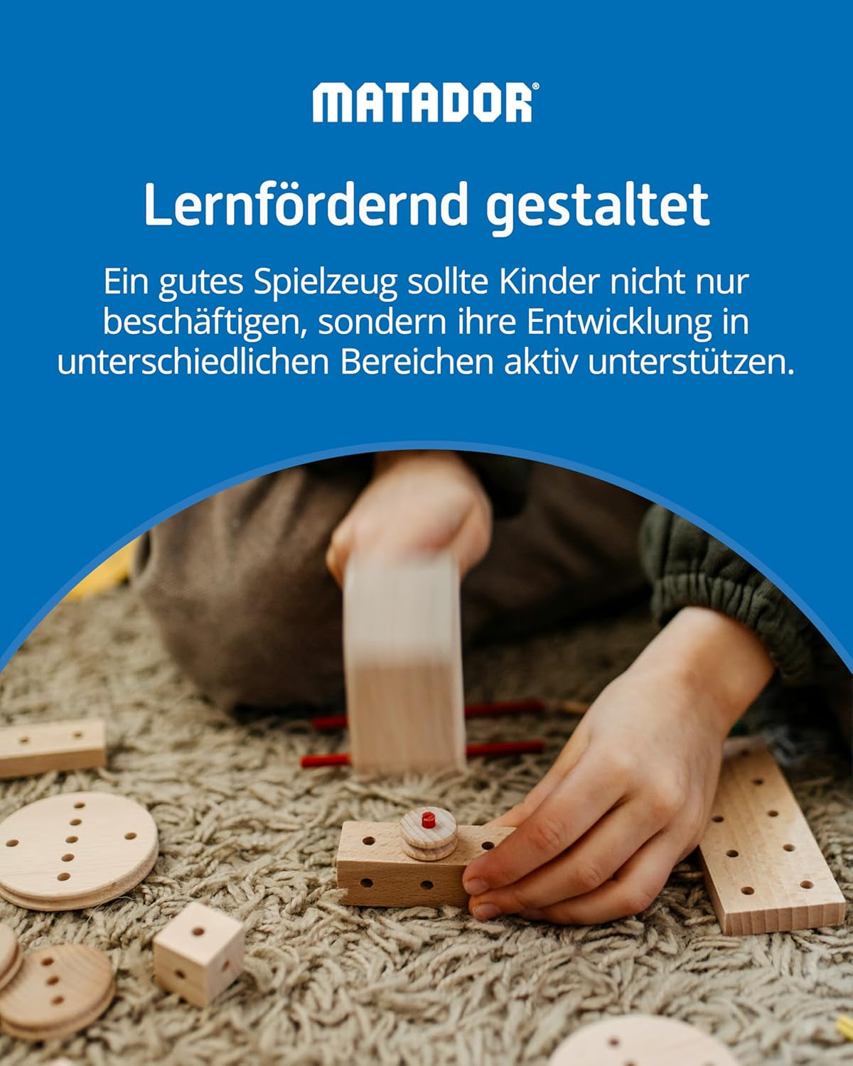 Matador Kinder Baukasten ab 5 Jahren 222-tlg. - Spannendes Holz Konstruktionsspielzeug zur Schulung von Kreativität und Feinmotorik, Bauspielzeug mit Stäbchen, Klötzen, Hammer & Zange