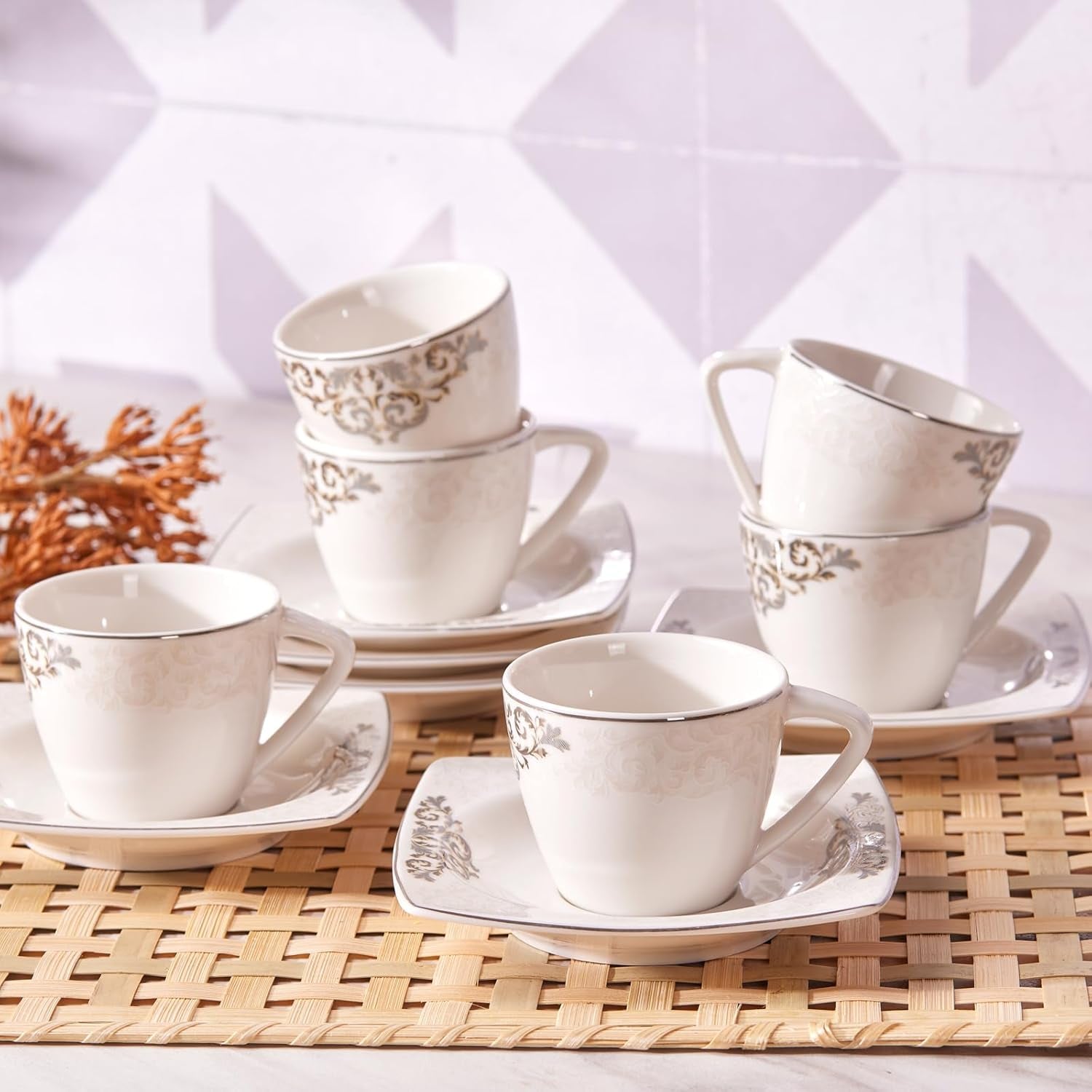 KARACA Nazende Ensemble de tasses à expresso en porcelaine – Tasses à café turques de 80 ml avec soucoupes, service à café moderne 12 pièces avec 6 tasses à café et 6 soucoupes, tasses à moka – Blanc