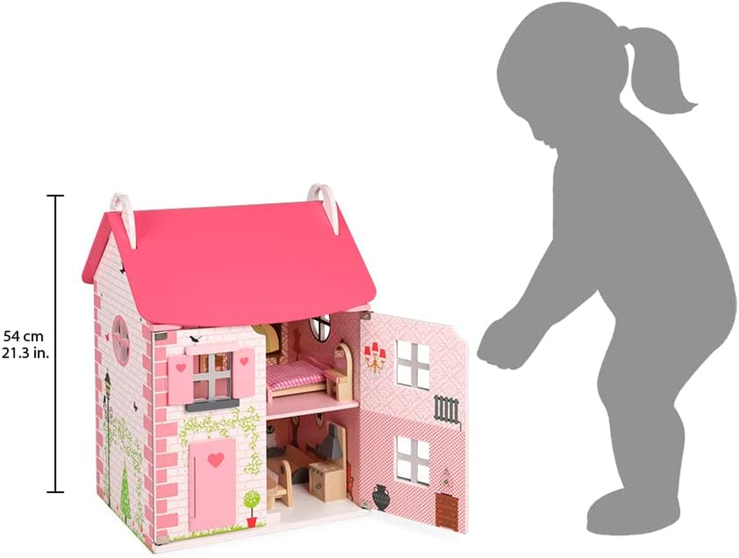 Janod - Maison de poupée en bois Mademoiselle, 3 étages et 11 accessoires, réplique de jouet, développe l'imagination, à partir de 3 ans, J06581, rose Naty Shop Dollhouses