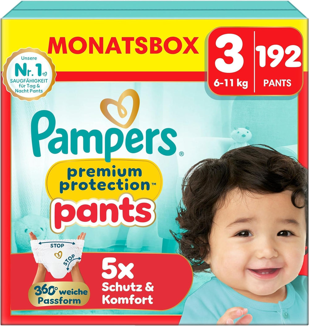 Pantalon de protection Pampers Premium Taille 7, 123 couches, 15 kg+, avec réglage à 360° et poignets anti-fuites souples pour un confort et une protection optimaux