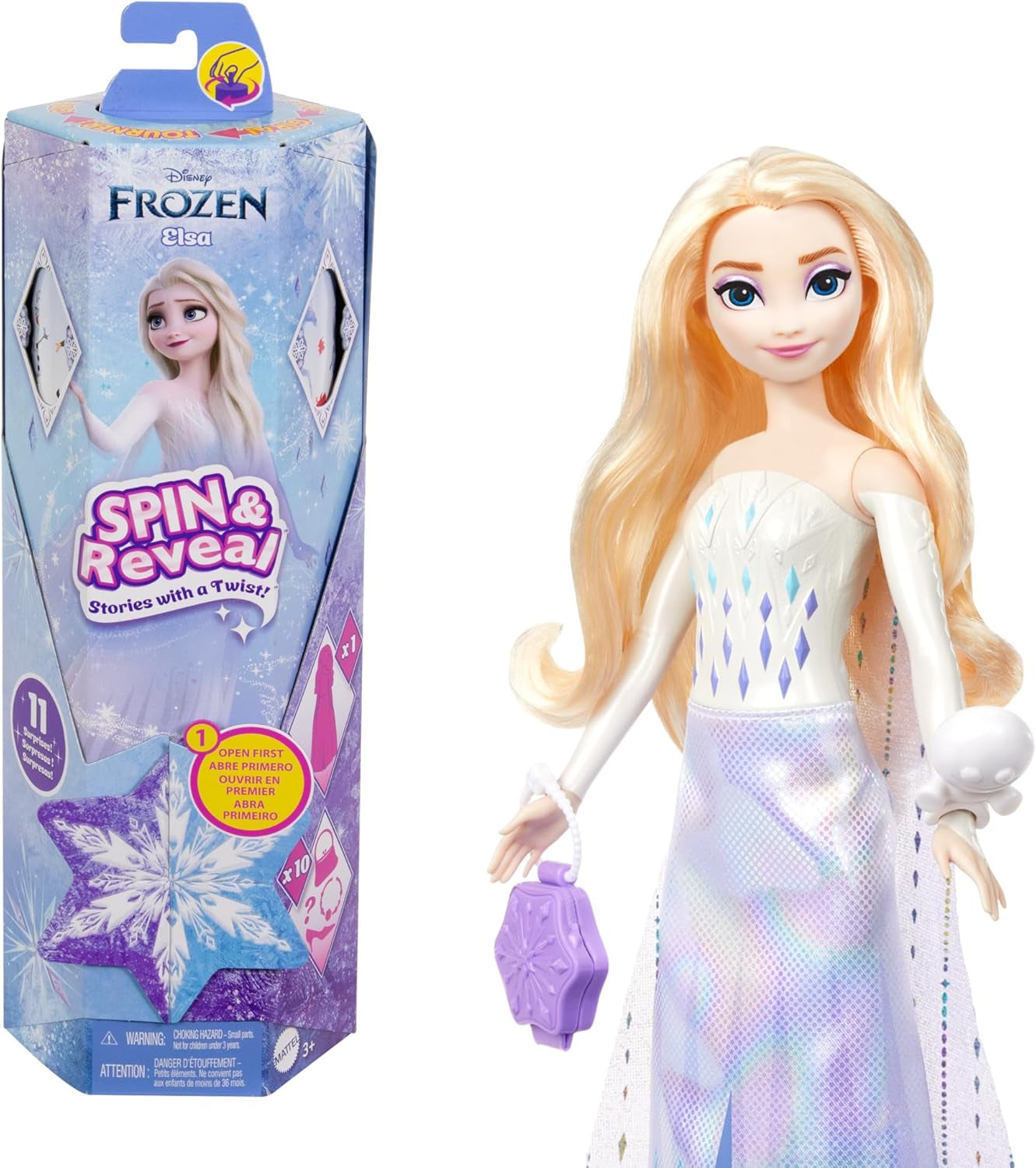 Mattel Disney The Ice Queen Elsa Fashion Doll Set, Spin & Reveal avec 11 surprises, dont 5 accessoires, 5 autocollants et une scène de jeu, inspirée du film Disney, HTG25 Naty Shop Dolls Elsa Doll