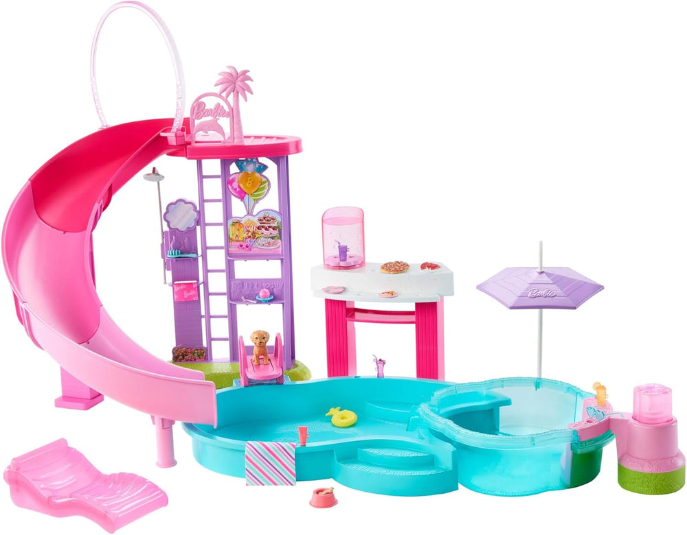 Barbie Dream Pool Playset avec six aires de jeu dont un toboggan et un jacuzzi, plus plus de 20 accessoires tels qu'un animal de compagnie, des bouées et plus encore, JKG83