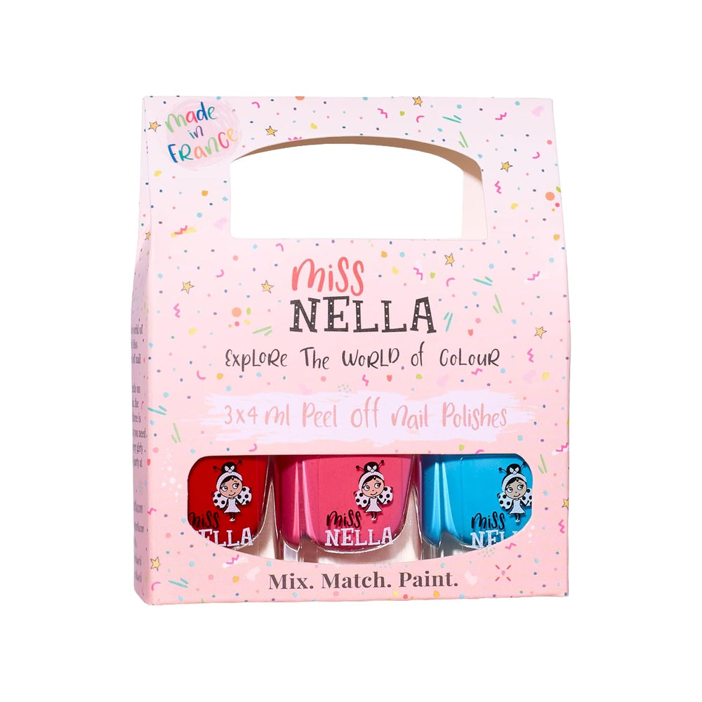 Miss Nella Magic Collection Lot de 4 vernis à ongles pailletés : rose, rouge, or et bleu, vernis à ongles amovible spécial enfants, non toxique, à base d'eau, sans odeur