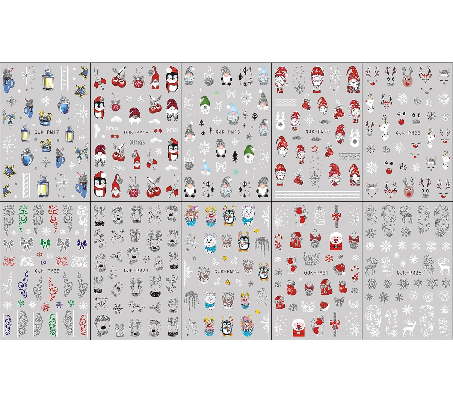 JMEOWIO Nagelsticker Glitzer Weihnachten 10 Blatt Nail Art Sticker Selbstklebend Nagelaufkleber Schneeflocken Winter Dekoration Nageldesign Zubehör