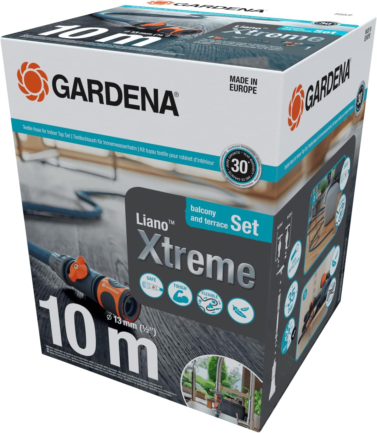 Tuyau textile Gardena Liano Xtreme 1/2", set 10 mètres + adaptateur intérieur