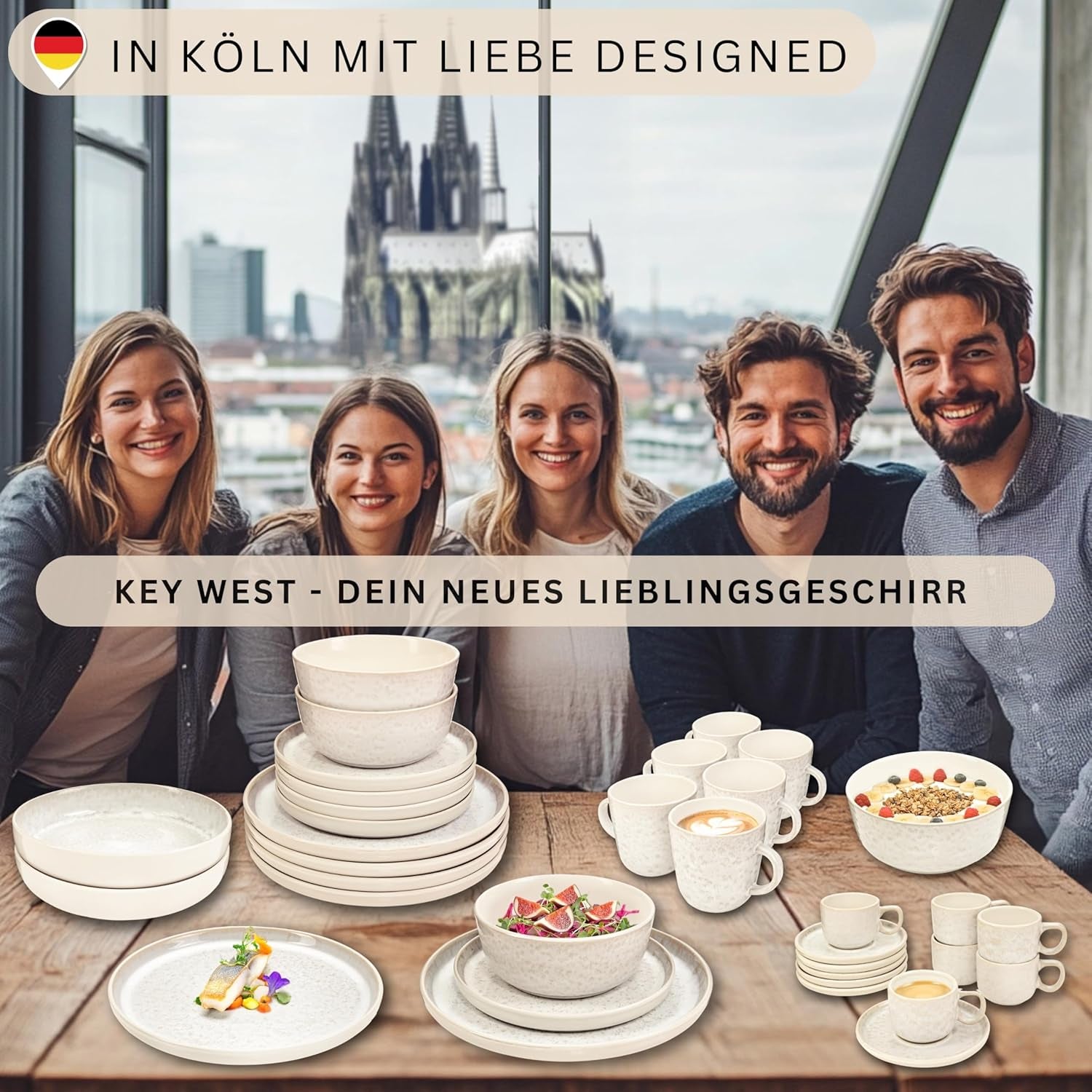 SÄNGER Key West | Service de table en grès 24 pièces pour 6 personnes, 6 assiettes à dîner, bols à céréales, assiettes à dessert, bols à pâtes, vaisselle à la crème avec texture sable | LA COLLECTION VALEUR