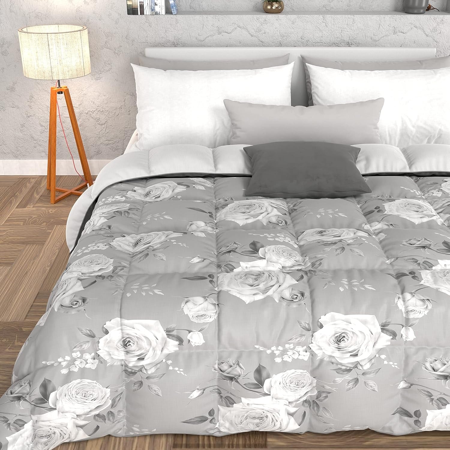 PETTI Artigiani Italiani - Couette d'hiver, Couette d'hiver, Couette simple, Double face, Impression monochrome et numérique, microfibre 100% antiallergique, Made in Italy Couettes et couettes Naty Shop Flowers 21 Gris 160 X 190 Cm