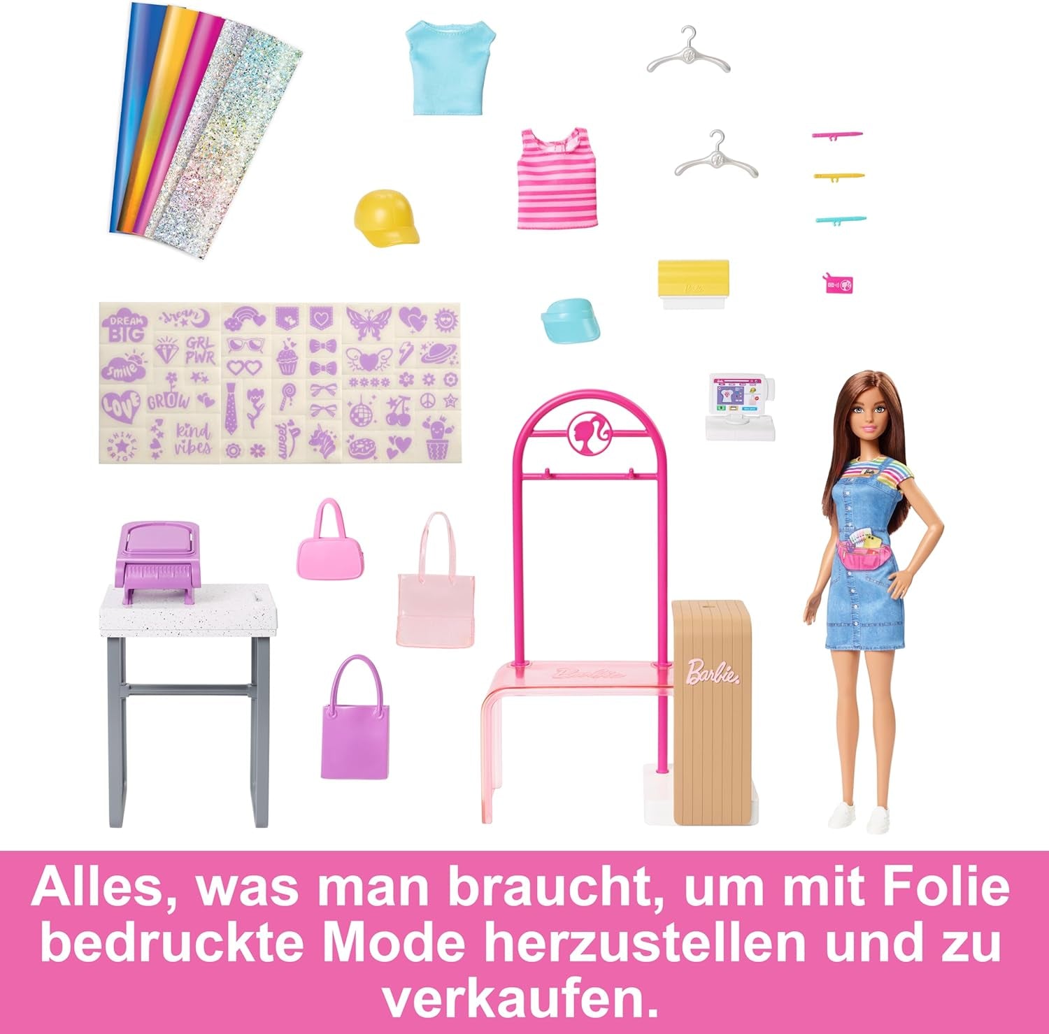 Barbie Fashion Boutique Playset – Poupée à motif aluminium, plus de 150 looks originaux, comprend 2 chemisiers et 5 feuilles aluminium, un portant et un lecteur de cartes de crédit, à partir de 3 ans, HKT78