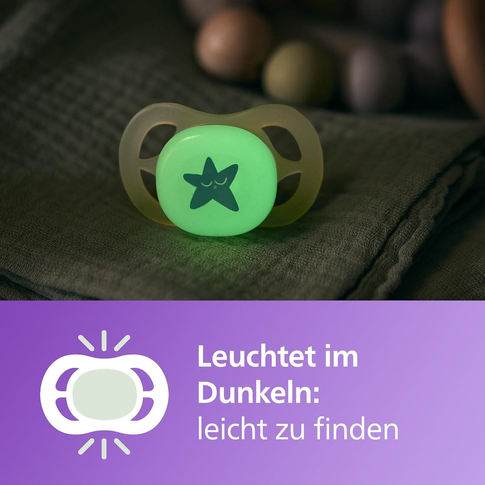 Philips AVENT Ultra Start Night Sucette, Sucette orthodontique pour nouveau-nés, Brille dans le noir, Sans BPA, avec récipient de stérilisation, Lot de 2, Lune, Étoile, SCF075/07